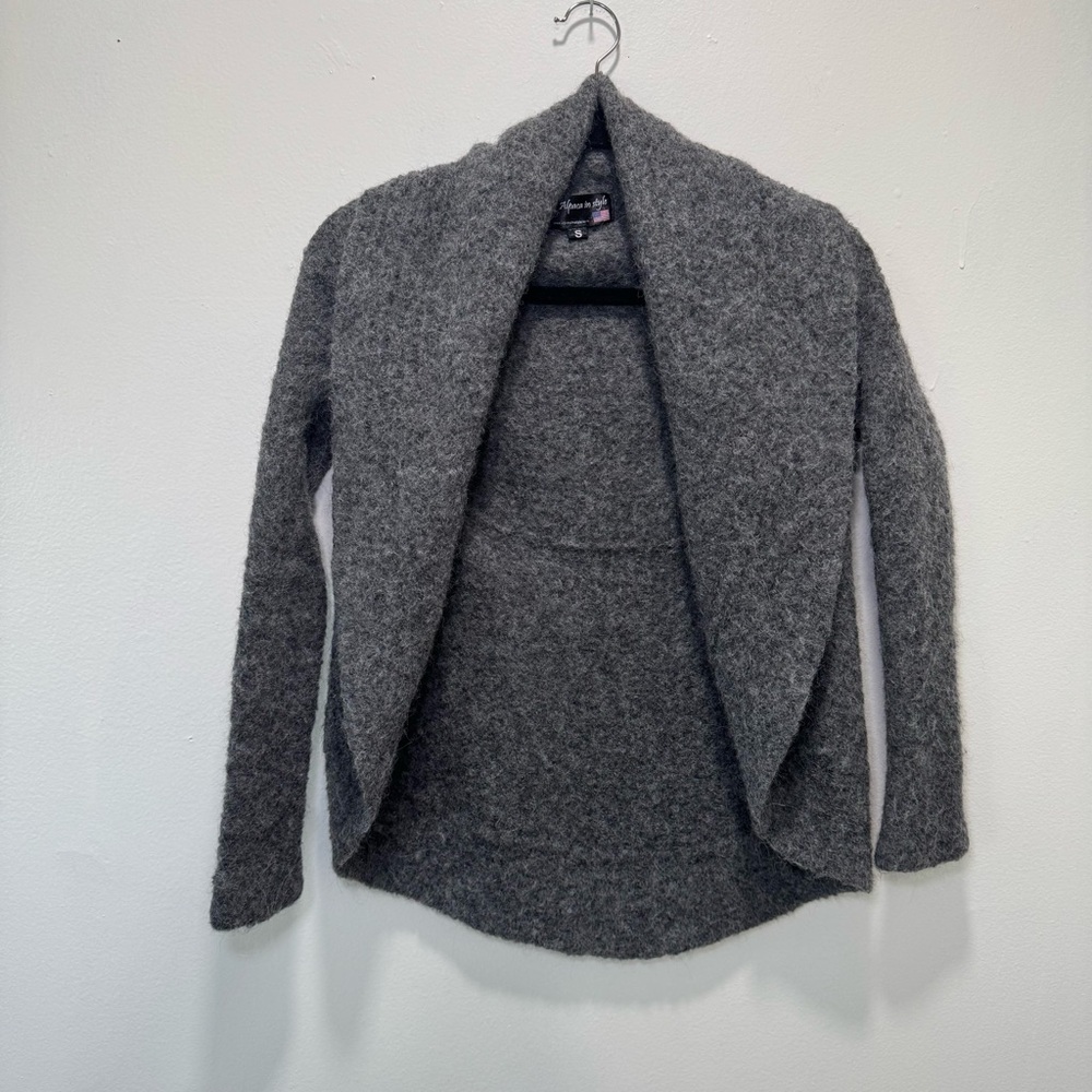 100% Alpaca Wool Cardigan Sweater Gray Open Front Stretch Size S Soft Cozy